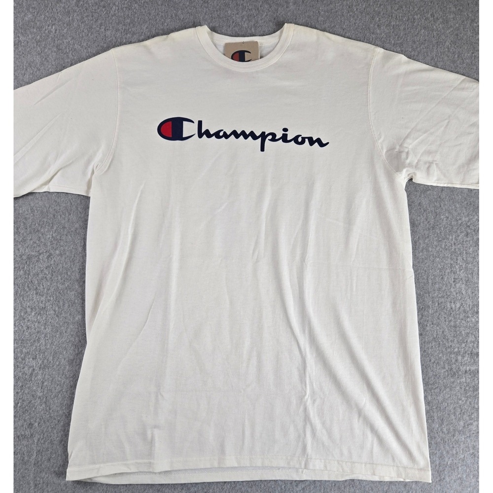 Champion Mens Size 2XL Logo Graphic T-Shirt White Short Sleeve Crew Neck Large